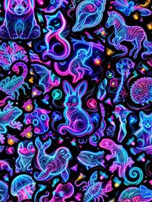 50 Peças Adesivos de Animais Neon, Contorno Neon Chamativo de Selva e Animais Fofos, Adesivos à Prova d'Água, Adequados para Skate, Bagagem, Console de Jogos e Decoração de Quarto - Roxo - Visão 3
