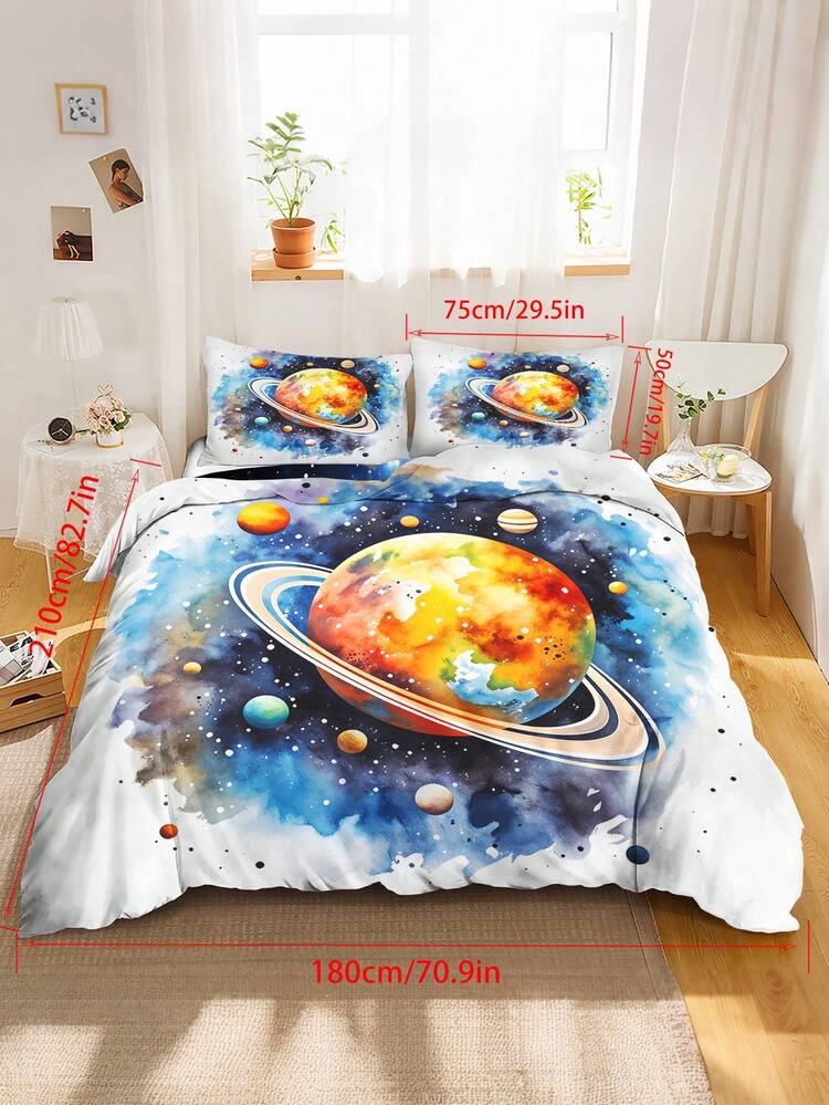 2/3PCS Watercolor Space Planet Bedding Set For Kids, Solar System Duvet Cover Set With Pillowcases, Outer Space Comforter Cover For Boys Girls Bedroom Decor (No Comforter) 135x200cm - Multicolor - View 11