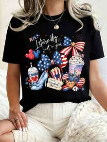 Disney Women Round Neck T Shirt Printed With Patriotic Mickey Mouse And American Flag Design Featuring Stars Stripes Cupcake Popcorn And High Heel Shoe Graphic Text Literally Just A Girl Let The Freedom Ring Perfect For July 4th Independence Day Celebration Casual Wear 220g - màu đen - Xem 1