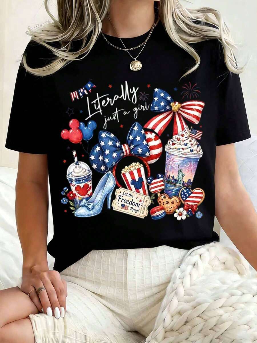 Disney Women Round Neck T Shirt Printed With Patriotic Mickey Mouse And American Flag Design Featuring Stars Stripes Cupcake Popcorn And High Heel Shoe Graphic Text Literally Just A Girl Let The Freedom Ring Perfect For July 4th Independence Day Celebration Casual Wear 220g - màu đen - Xem 1