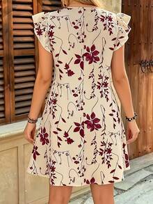 Wine Red Summer Dress With Floral Print And Ruffled Hem, Loose Fit And Festive Style With Ruffled Sleeves And Flare - 藍色 - 查看 5