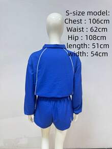 2PC/1set Women's Clothing Sexy Hot Girl Long Sleeve Zipper Contrast Color Ribbon Shorts Women's Two-Piece Set,Women Outdoor Sets - 深藍色 - 查看 5