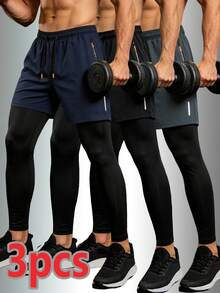 3pcs/Set Men's Black 2 In 1 Sports Pants With Zipper Pockets, Reflective Strips, Drawstring Waist, Fitness Running Training Pants - Multicolor - View 1