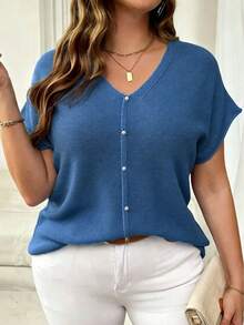 Plus Size Deep V-Neck Knit Top, Semi-Sheer Drop Shoulder Design, Regular Length, Slightly Stretchy Summer - Blue - View 4