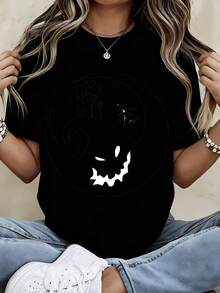 Disney Women Casual Short Sleeve T Shirt  Black Jack Skellington And Sally Yin Yang Design Halloween Party Wear - Black - View 2