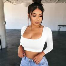 Top corto de primavera y verano para Mujer, camisa Sexy negra de manga larga, camiseta informal con cuello cuadrado blanco, Top para Mujer - BLANCO - Ver 3