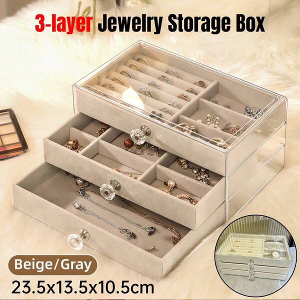 Aimall Three Layer Flannel Jewelry Storage Box Dustproof Drawer Organizer For Earrings AU