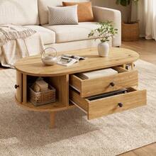 Oval Coffee Table In MDF With Vertical Slats, Sliding Doors And 2 Drawers. - Natural Color - View 4