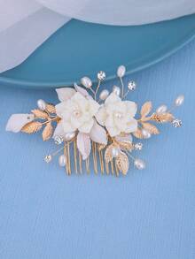1pc Elegant Floral Side Hair Comb, Shiny Flower Print Elegant Bohemian Copper Alloy Bridal Headpiece, All Season, Hair Accessories - 金色 - 查看 8