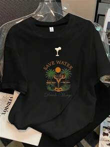 Camiseta de manga corta con cuello redondo para mujer, con estampado de mapa para ahorrar agua, apta para todas las estaciones. - Negro - Ver 1