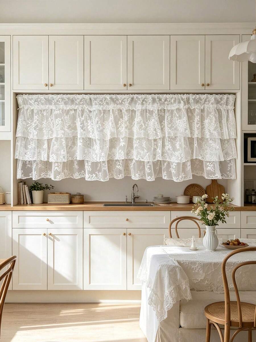 1pc French Romantic White Floral Lace Ruffled Curtain For Small Window, 3-Layer Tiered Sheer Valance For Kitchen Cabinet , Rod Pocket Short Sheer Curtain For Cafe Farmhouse Decor - White - View 1