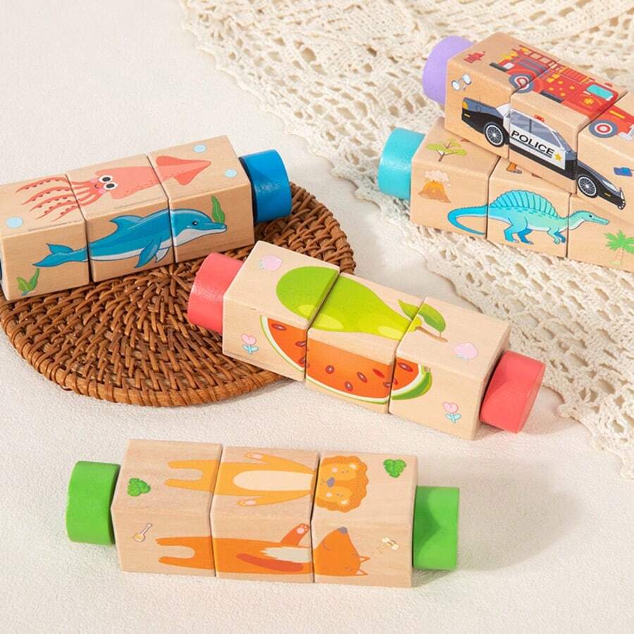 1 Set Children's Wooden Rotating Puzzle Animal Rocket Matching Blocks, Baby Hand-Grip Puzzle Building Blocks, Early Education Educational Science Toy