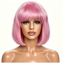 Cyberpunk Bob Wig & Glasses Set - 20+ Neon Colors With Adjustable Fringe | Multi-Tone Synthetic Hair For Cosplay, Rave, Halloween & Daily Bold Fashion (Hot Red/Lime Green/Orange/Light Pink/Plum Purple/Neon Blue/Neon Lilac/Golden Blonde/Black) - 淺粉色 - 查看 2