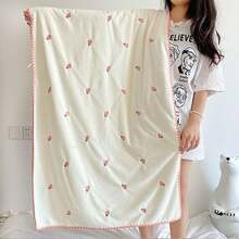 1件毛巾/浴巾或2件組（浴巾70*140cm + 毛巾34*74cm）珊瑚絨柔軟親膚可愛桃子刺繡勾邊浴巾與毛巾，不掉毛，開學季，高吸水性 - 粉色 - 查看 8