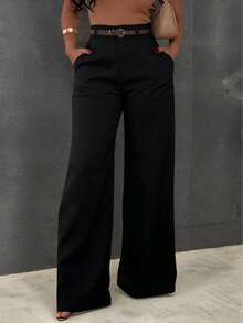 Women's Fashion Black Polyester Wide Leg Pants, With Pockets, Zipper And Buttons, Non-Stretch Fabric, Suitable For Commuting And Office Wear - Black - View 4