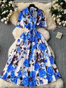 Elegant Women's Floral Print Dress With Short Sleeves, Lapel Collar, And Fitted Waist - Romantic Rose Design, Perfect For Spring Outings, Garden Parties, And Casual Events | Garden Party Dress | Floral Print Dress | Stylish Dress - 藍色 - 查看 1