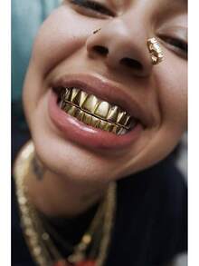 UBGICIG Grillz - Juego de parrillas dentales para tus dientes de diamante, dientes Grillz para hombres, vampiros falsos de Halloween - Corazón dorado - Ver 3