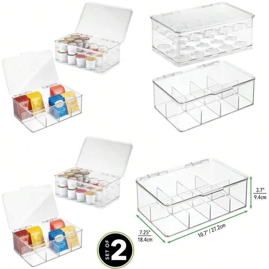 mDesign Stackable Kitchen Box Organizers for Coffee Pods Tea Bags - Set of 2 Divided Clear - Transparente - Ver 1