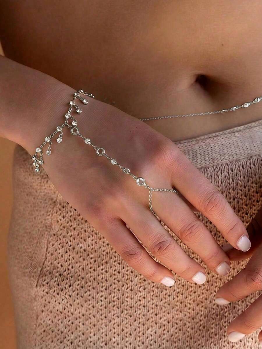 1pc Minimalist Personalized Versatile Inlaid White Faux Rhinestone Tassel Finger Bracelet, Fashionable Elegant Micro-Inlaid Rhinestone Tassel Bracelet Ring Chain Suitable For Women's Daily, Vacation, Banquet Wear (Rhinestone Quantity And Position Random) - Silver - View 1