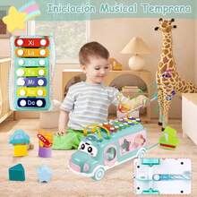 Bus-Shaped Percussion Instrument, Multifunctional Toy Car, Blue. - Mint Green - View 3
