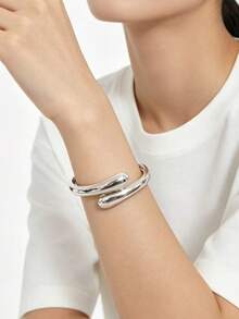 3pcs/1pc Set Fashion Minimalist Style Metal Geometric Wave Bamboo Joint Asymmetrical Shaped Women's Bracelet Set, Chunky Smooth Metal Bracelet Set - Bright - View 5