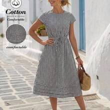 yonghongmaoyi1  Vestido largo casual de mujer con cintura ceñida y rayas, para verano - Azul y blanco - Ver 8