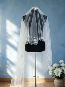 3m Long Wedding Veils 1 Tier Bridal Veils With Lettuce Trim No Comb Soft Tulle Accessories With Pearls Flower - Multicolor - View 5