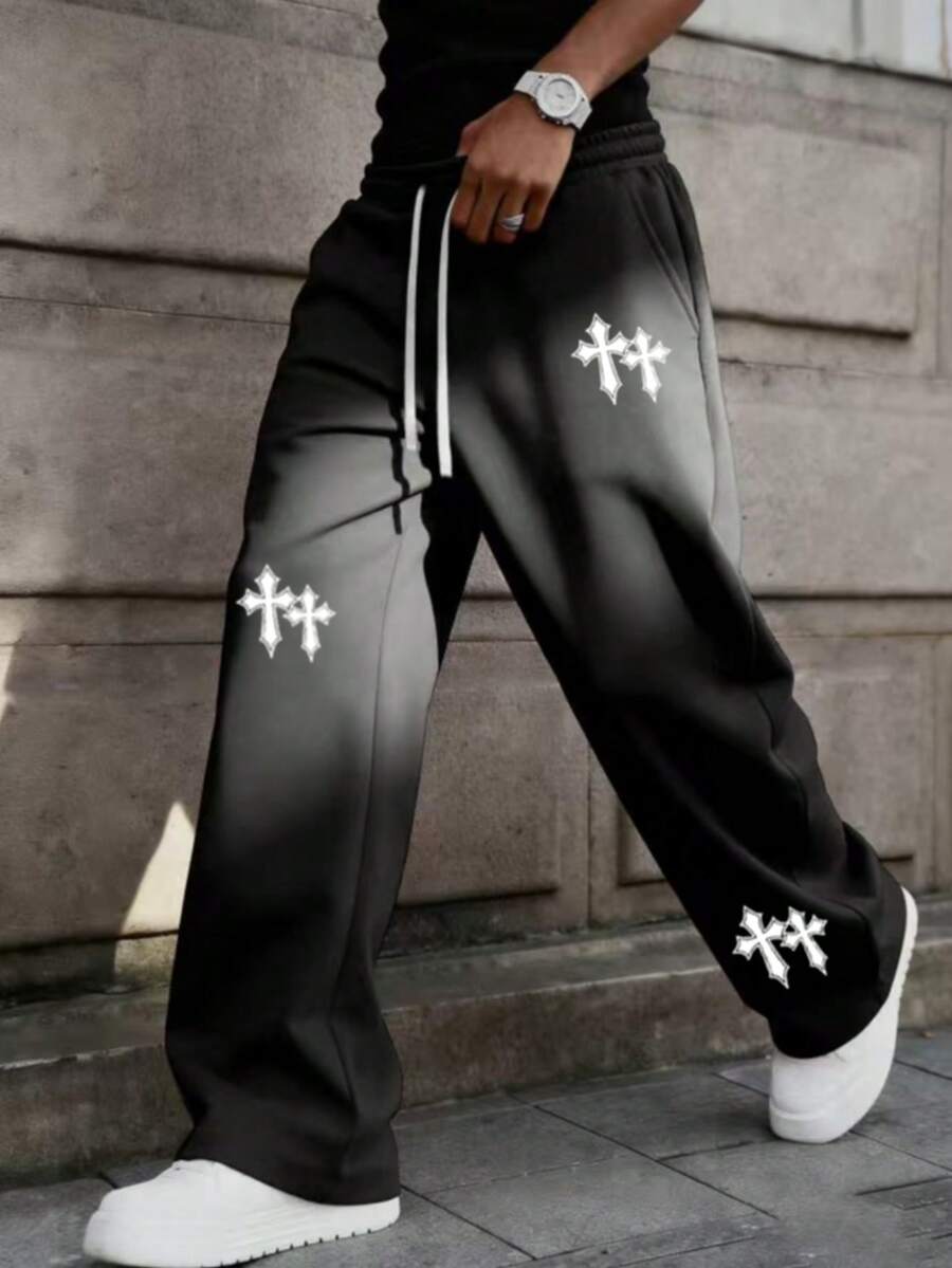 Men's Sweatpants; Men's All-Match Minimalist Versatile Drawstring Loose Straight Leg Comfortable Casual Sports Long Pants, Unisex, Suitable For Watching World Cup, Daily Outings, Gatherings, Perfect Father's Day Gift For Dad, July 4th Celebration - Black - View 1