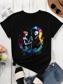 Disney Crew Neck  T Shirt Black Jack Skellington And Sally Watercolor Print For Casual Wear - 黑色 - 查看 3