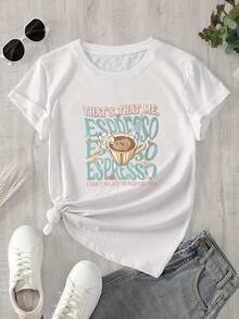 Camisa de mujer de manga corta y cuello redondo con diseño de taza de café y estampado de estrellas de mar, apta para todas las estaciones. - Blanco - Ver 1