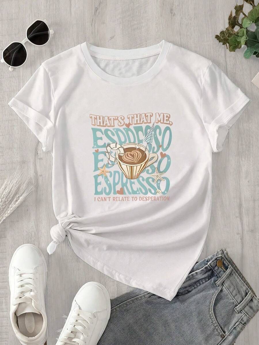 Camisa de mujer de manga corta y cuello redondo con diseño de taza de café y estampado de estrellas de mar, apta para todas las estaciones. - Blanco - Ver 1