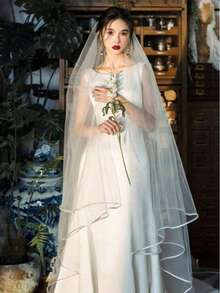 Women's Floor-Length Extra Long Train Veil, White Hemmed Tulle Bridal Veil, Suitable For Wedding Banquet, Performance, Party, Cosplay Decoration, Travel Photography Prop, Elegant Vintage Style, 300 Cm Length, Ethereal Mori Style Train Veil - White - View 1