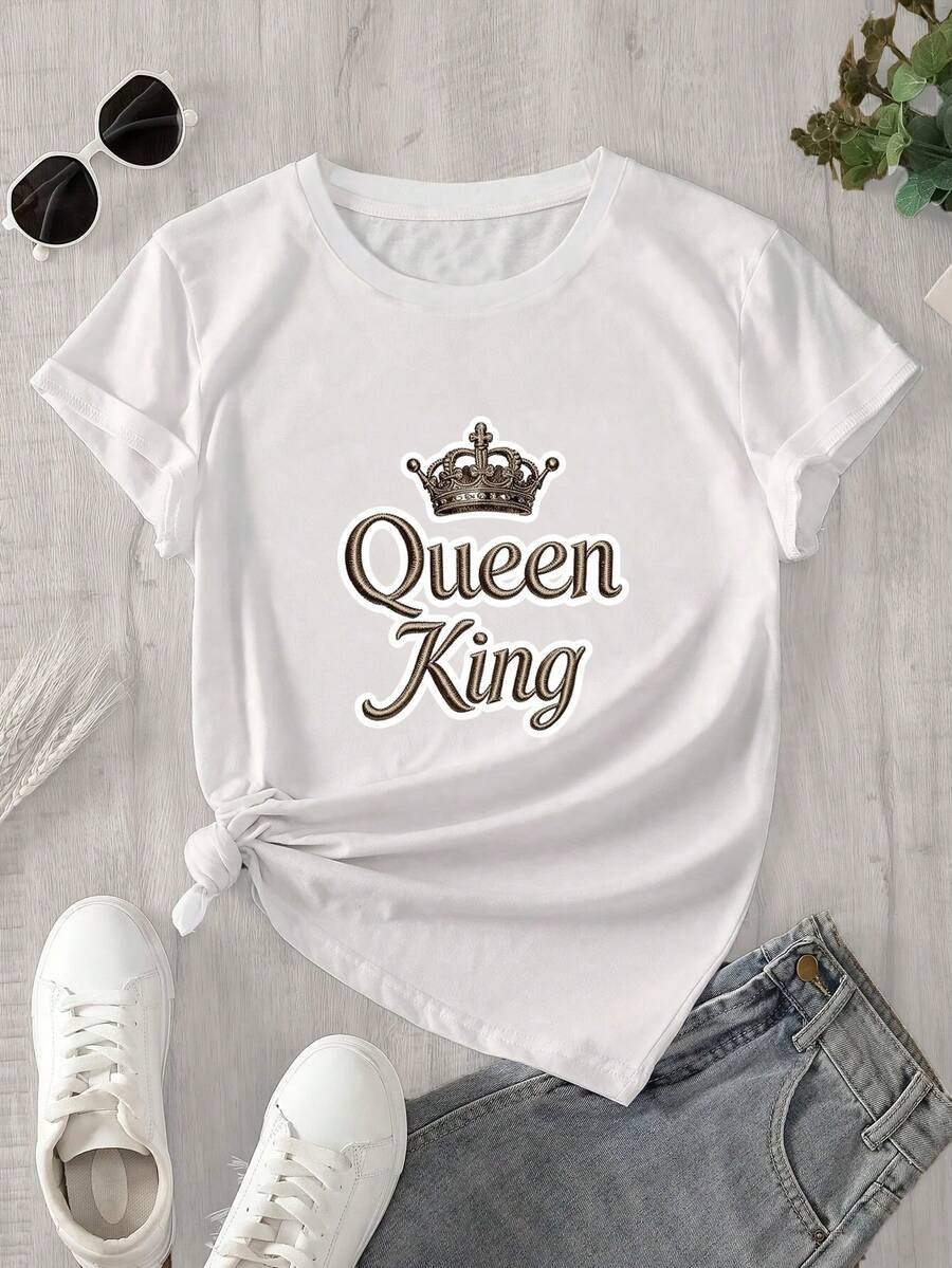 Camiseta de manga corta y cuello redondo para mujer con estampado del logo de Queen, apta para todas las estaciones. - Blanco - Ver 1