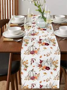 Fall Harvest Pumpkin Maple Leaf Table Runner Holiday Party Decor Reusable Farmhouse Kitchen Dining Table Runner Thanksgiving Decorations - Multicolor - View 5
