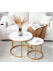 Gold-Plated Nesting Round Coffee Table With Wood Grain Marble Top And Sturdy Metal Frame, Suitable For Living Room, Bedroom, Balcony And Patio As Side Table - Gold - View 4