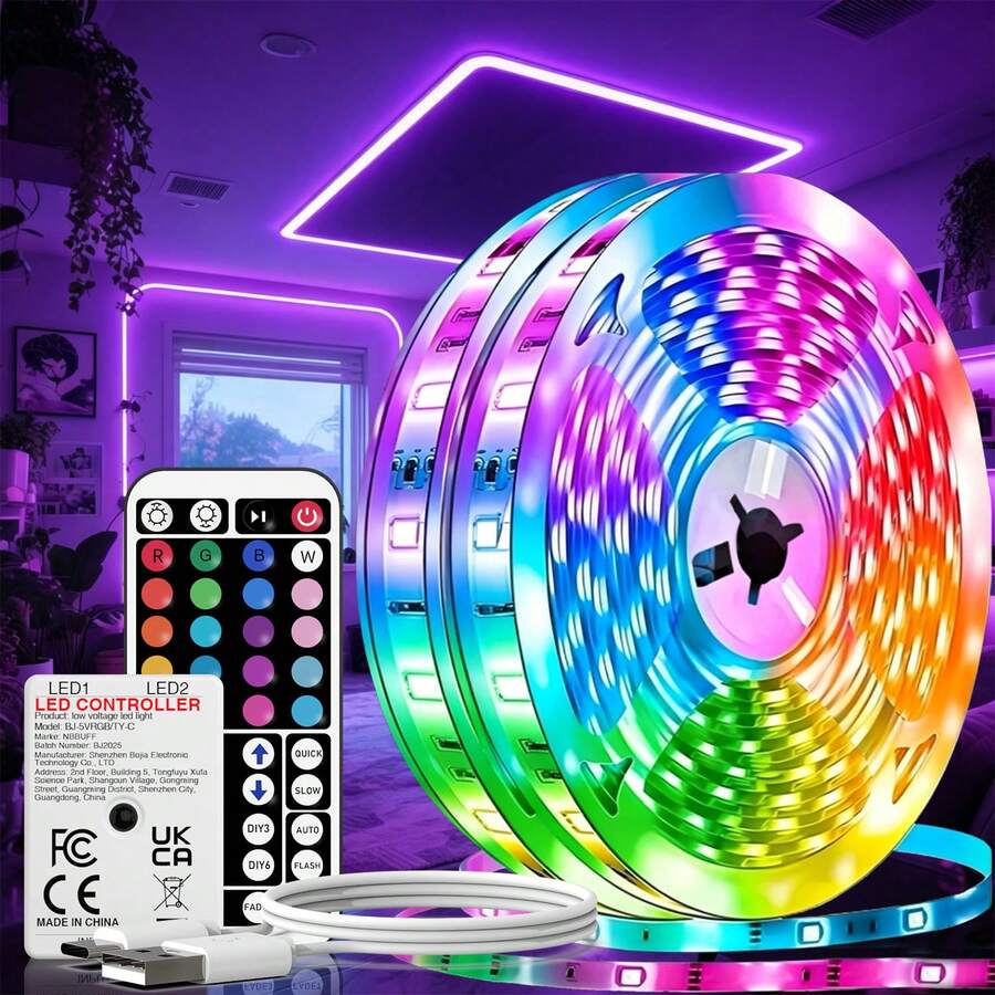 3.28英尺-100英尺 RGB LED燈條，附44鍵遙控器，可調顏色與亮度，安裝簡單，適用於臥室、房間、廚房、客廳，適合節日派對氛圍裝飾、聖誕裝飾、電視背光