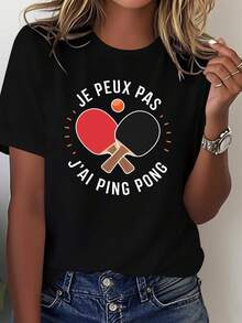 Comfortable Solid Color T-Shirt For Women, 100% Cotton, With French Table Tennis Racket Design. - Black - View 1