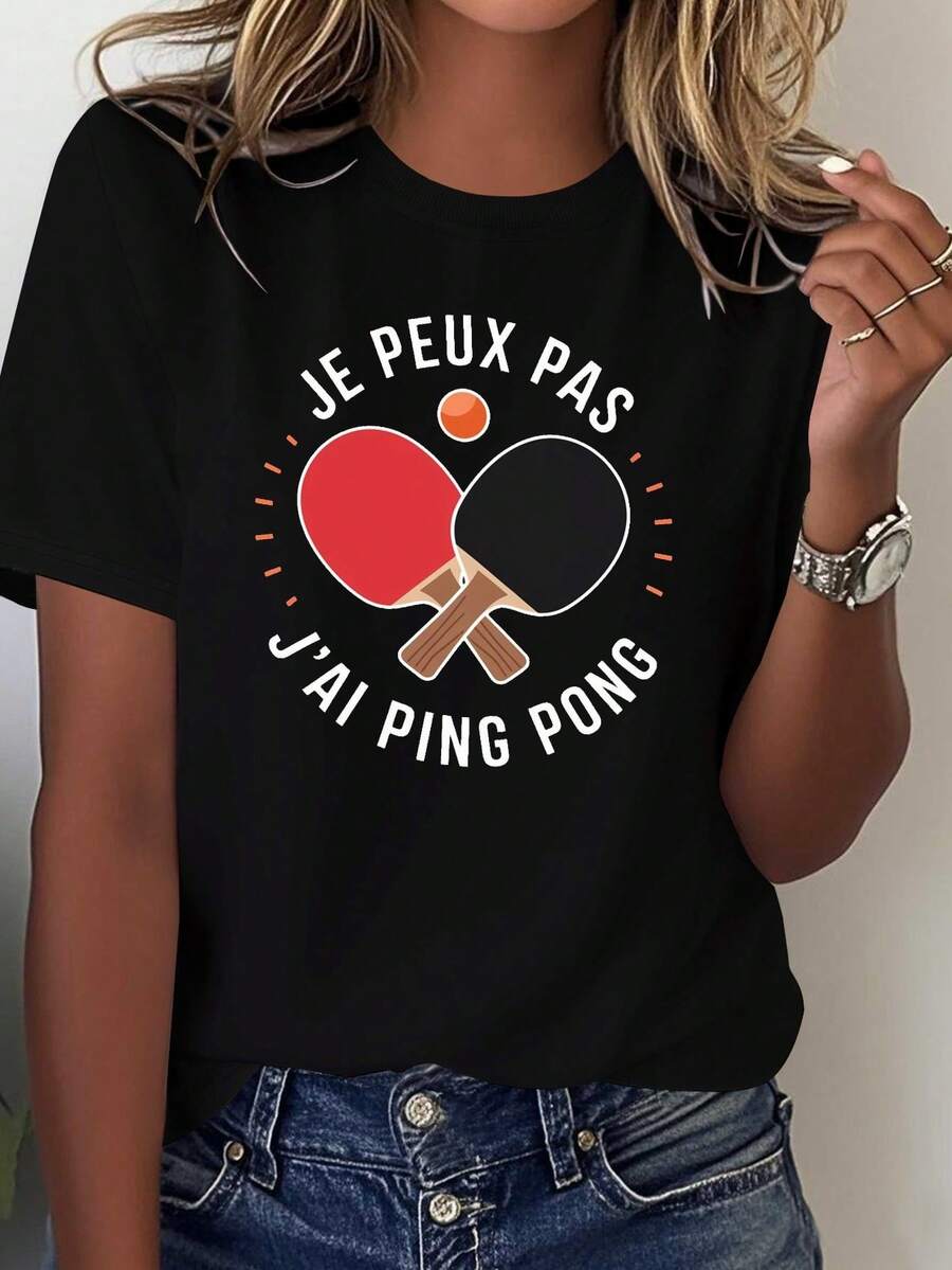 Comfortable Solid Color T-Shirt For Women, 100% Cotton, With French Table Tennis Racket Design. - Black - View 1