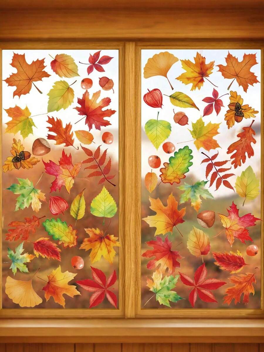 Approx. 56pcs/6sheets - Autumn Maple Leaf Static Window Decals, Thanksgiving Autumn Window Stickers, Autumn Maple Leaf & Acorn Window Decals, Home Autumn Decor - Reusable Glass Static Window Decals - Autumn Leaves, Flowers, Pumpkin Window Decals, Outdoor Office Autumn Decor, Thanksgiving Friends Gathering Supplies, Thanksgiving Birthday Supplies, Thanksgiving Harvest Decor - A - View 1