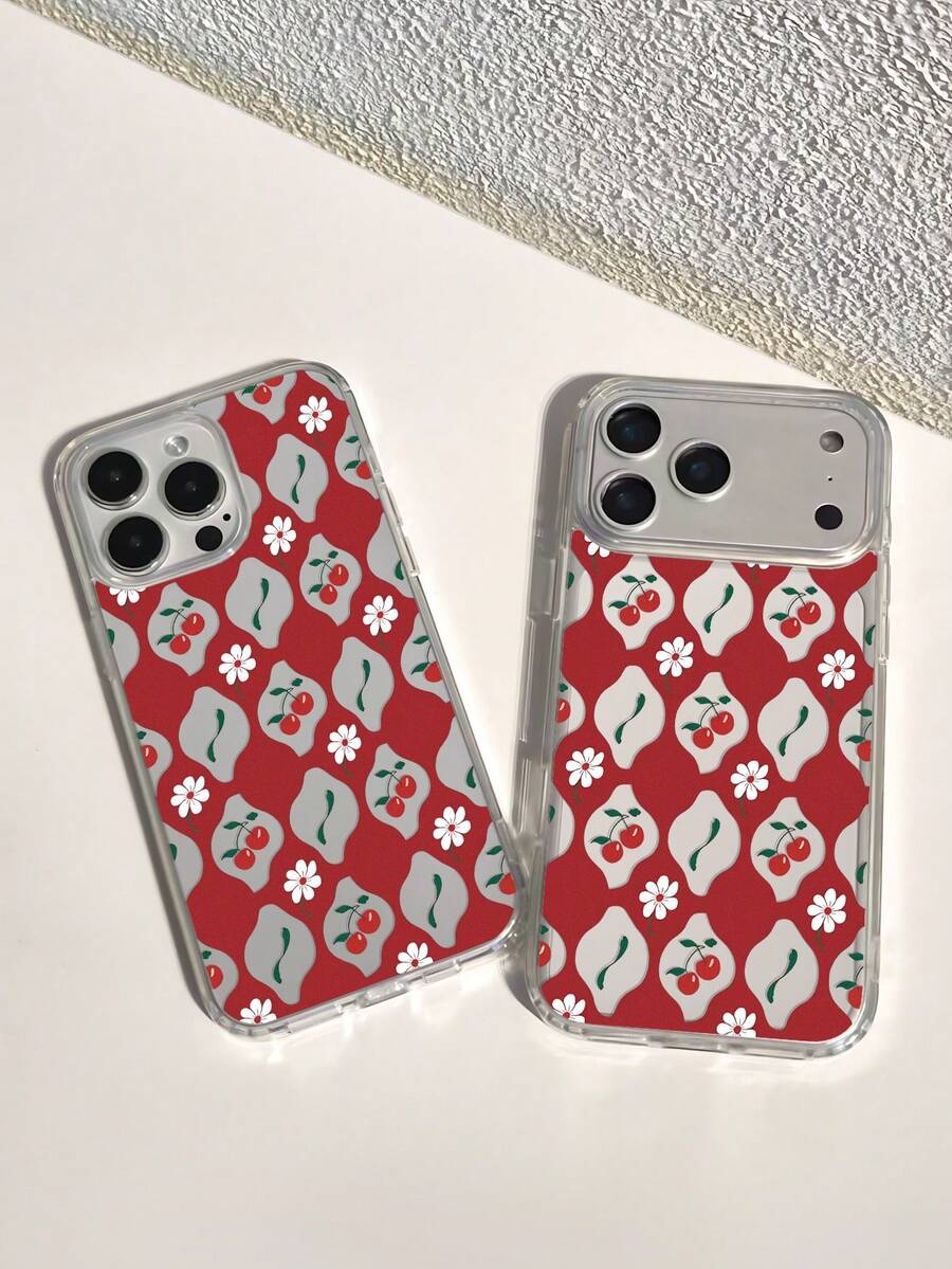 1 pieza Funda de teléfono transparente a prueba de golpes con estampado floral de cereza de fondo rojo estilo vintage Ins, cobertura completa con carcasa blanda, estilo dulce y fresco de nicho, funda protectora, opción de regalo perfecta, compatible con Apple IPhone17/17Pro/17ProMax/16/11/16Plus/16ProMax/16e/15ProMax/13/14/12/14ProMax/12ProMax/13ProMax/12Pro/13Pro/14Pro - Plata de color transparente - Ver 1