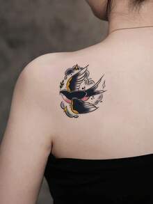 1 pieza Pegatina de tatuaje estilo retro americano con patrón de golondrina y rama de olivo, pegatina de tatuaje temporal, diseño de tatuaje realista, adecuado para viajes, festivales de música, juegos, regalos de graduación, dura de 3 a 5 días - Multicolor - Ver 3