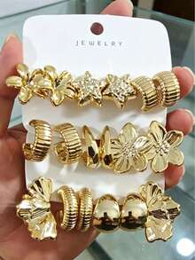 6/18pcs Fashion Elegant Gold Earrings Set, Five-Petal Flower, Symmetrical Flower, Textured Hoop, C-Shape, Star And Floral Patterns, Hypoallergenic CCB Material, Suitable For Gifts, Versatile For Daily Wear, Metallic Style Jewelry - Gold - View 8