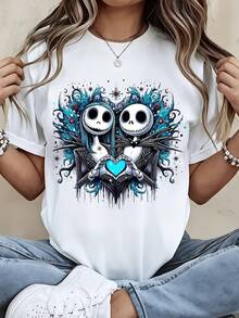 Disney Crew Neck  T Shirt Black Jack Skellington And Sally Heart Design For Casual Wear - White - View 1