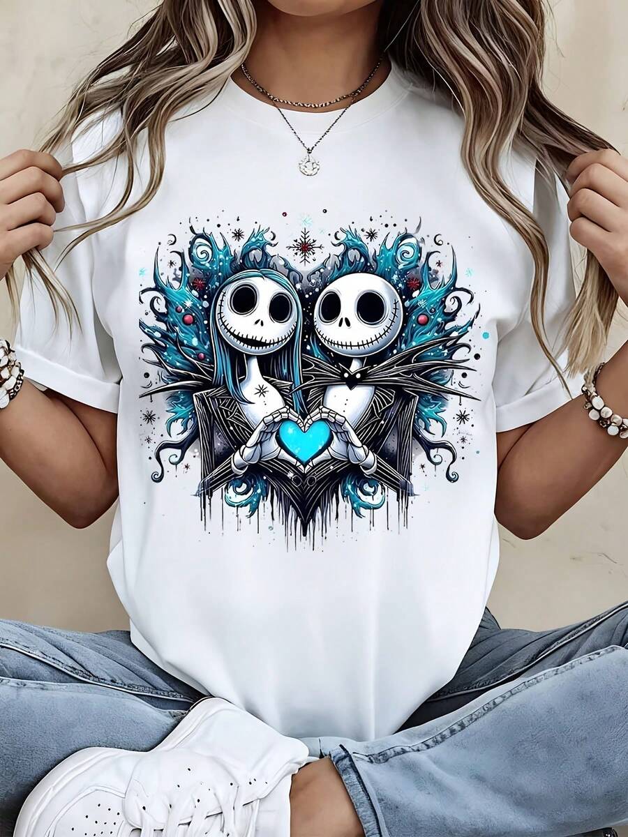 Disney Crew Neck T Shirt Black Jack Skellington And Sally Heart Design For Casual Wear - White - View 1