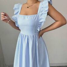 Vestido casual de mujer con cuello cuadrado, estampado de rayas y dobladillo con volantes . - Energía azul - Ver 4