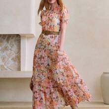 jianchaimaoyi02  Vestido corto con estampado floral, manga corta con volantes y bajo con volantes de gasa para mujeres - Rosa - Ver 3