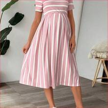 VUUG
  Vestido de maternidad casual estilo midi con cuello redondo y mangas cortas a rayas para mujeres embarazadas - Negro01 - Ver 2