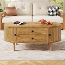 Oval Coffee Table In MDF With Vertical Slats, Sliding Doors And 2 Drawers. - Natural Color - View 2