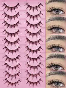 10 Pairs Pointed Tail Cartoon Eye Fluffy Curly Black Stem Natural Curly Thick Long Soft Non-Irritating Cartoon Style Full Strip False Eyelashes Realistic Daily Eyelashes Portable Upper Lash Reusable - View 3
