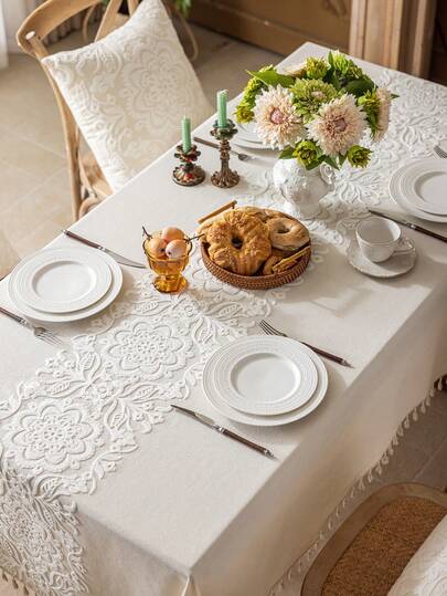 1pc Mandala Floral Decor Embroidered Table Cover With Tassels, Suitable For Comman Use, Durable Fabric Material, Perfect For Home & Dining Room Decoration, Picnics, Camping, Weddings, Holiday Parties, Restaurants & Buffets - Rectangular
